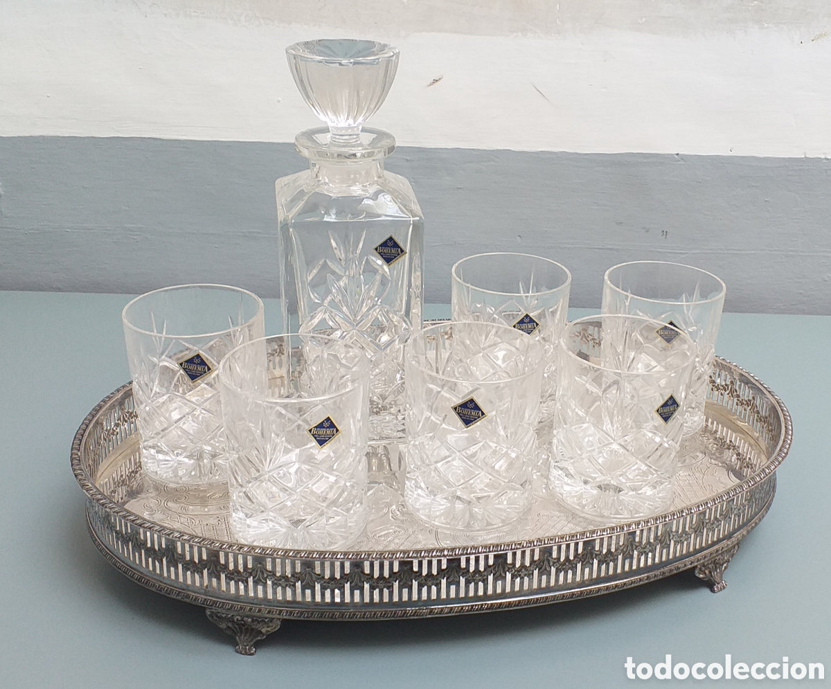 Coleccionismo de vinos y licores: Juego de Whisky cristal de Bohemia con bandeja plateada