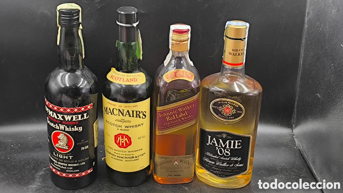 Coleccionismo de vinos y licores: Lote 4 botellas whisky escoc&eacute;s: Maxwell Light, MacNair&rsquo;s, Johnnie Walker Red Label y Jamie &lsquo;08