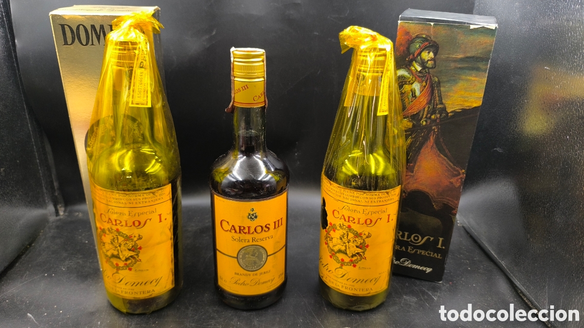 Coleccionismo de vinos y licores: Brandy Carlos I vitola 4 pesetasy Carlos III precintadas