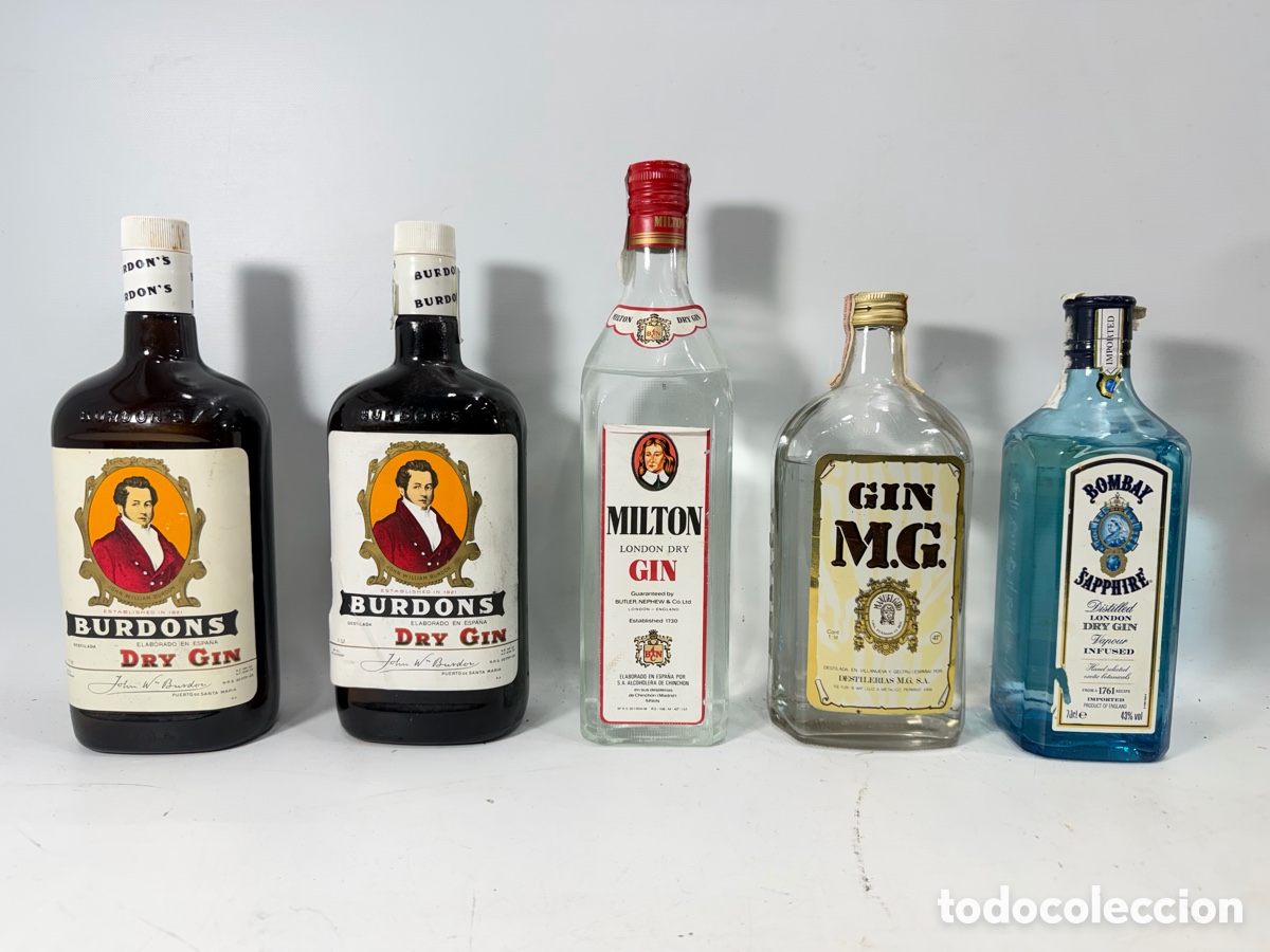Collection of wines and liquors: Lote 5 Botellas Ginebra Vintage Burdon&rsquo;s Milton Bombay Sapphire Gin MG A&ntilde;os 70-90