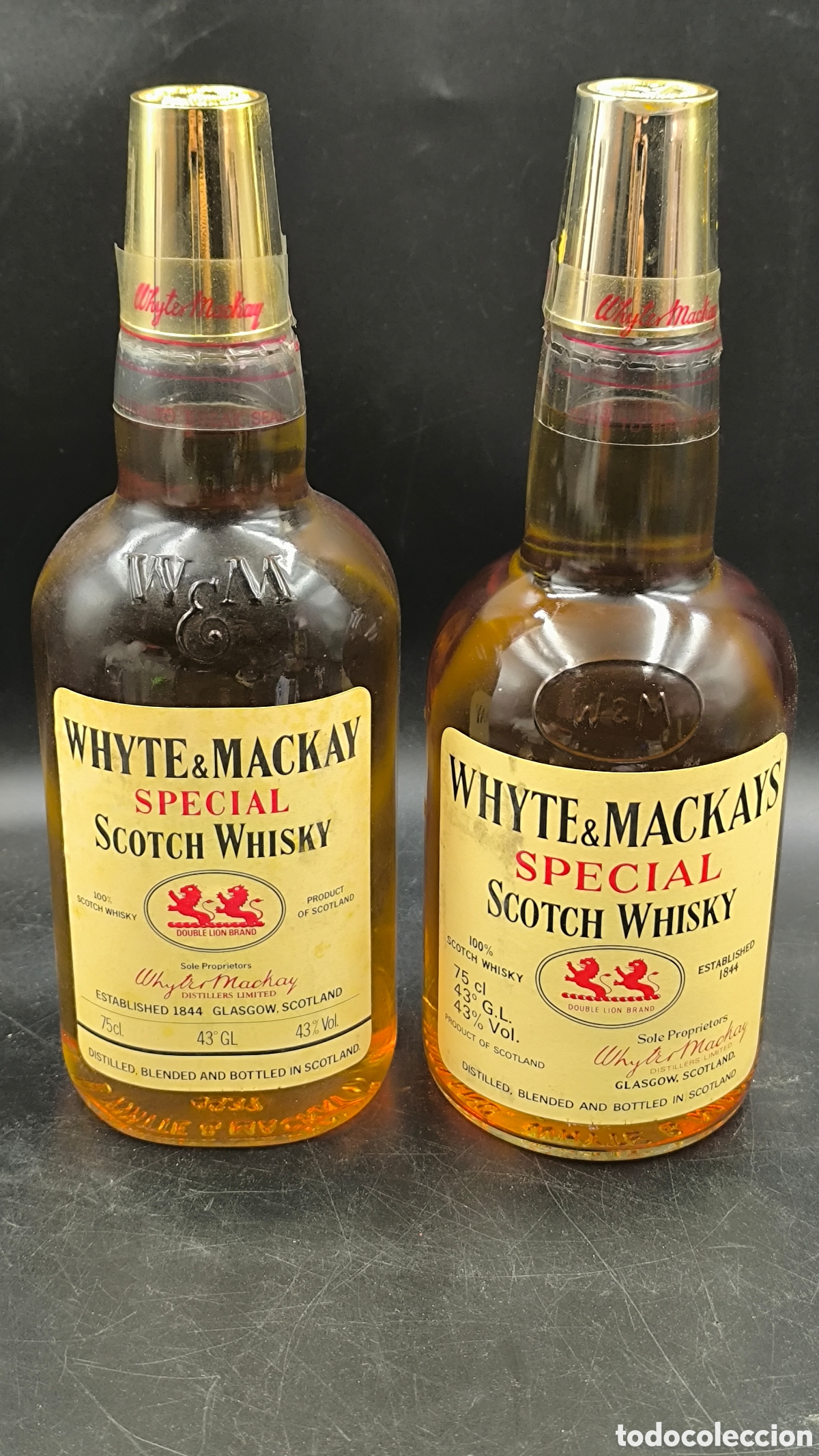 Coleccionismo de vinos y licores: Antiguas botellas whisky W & M Whyte and Mackay special scotch whisky