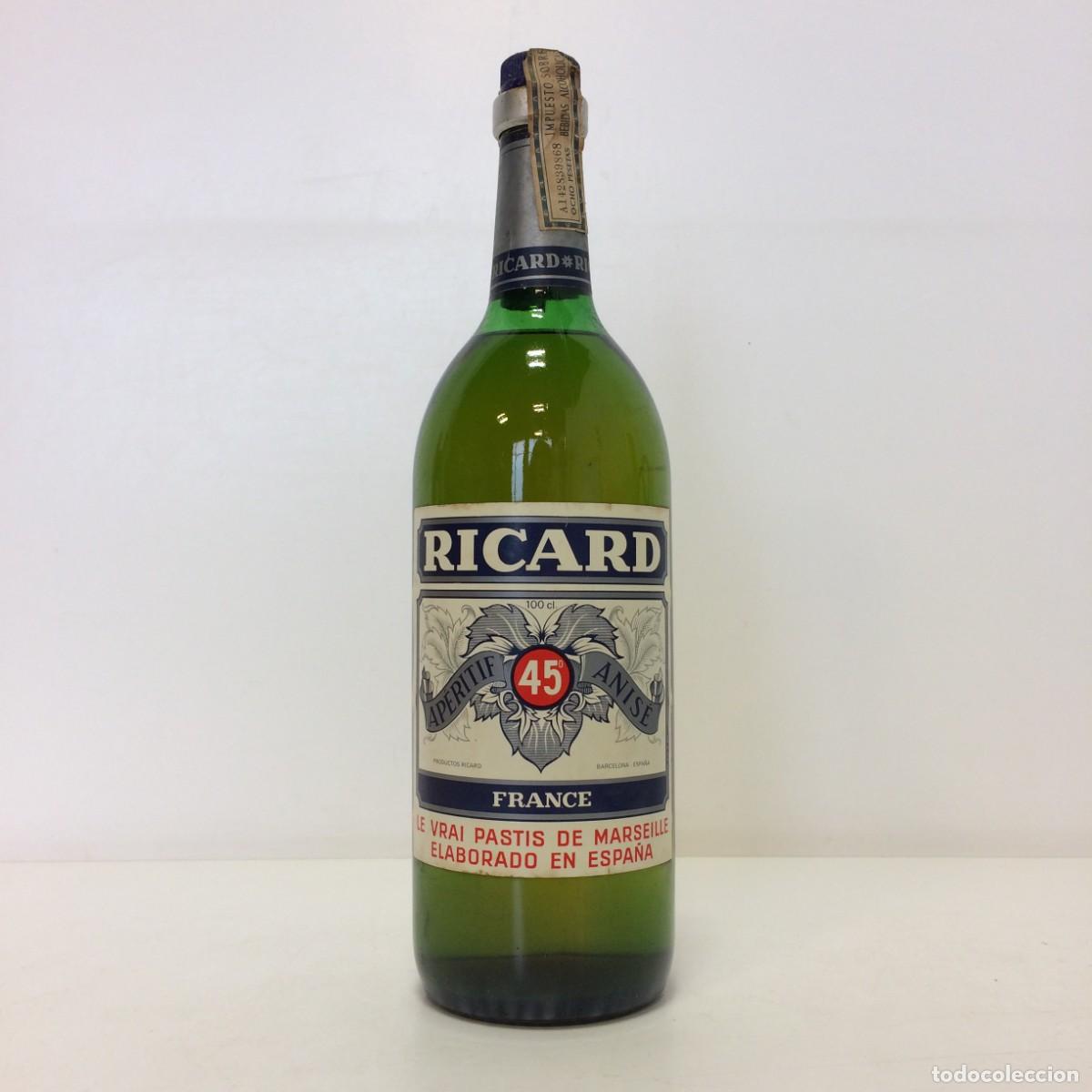 Collezionismo di vini e liquori: Anis: Ricard 45 Ap&eacute;ritif Anis&eacute;, Le Vrai Pastis de Marseille France (Elab. Espa&ntilde;a) Sello 8 pesetas