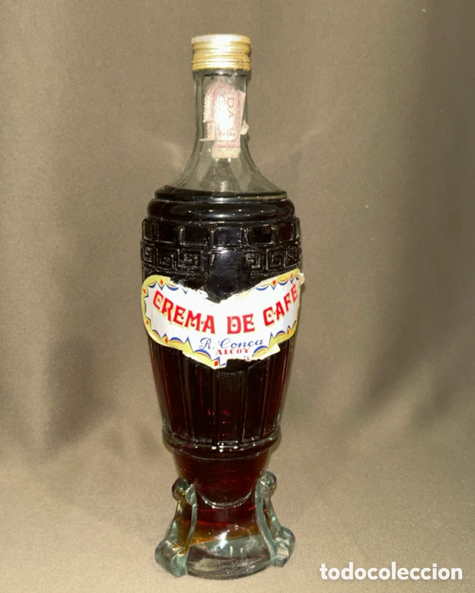 Collezionismo di vini e liquori: ANTIGUA BOTELLA CREMA DE CAF&Eacute; R.CONCA ALCOY, SELLO 4 PESETAS (ALICANTE) *LLENA* *VER FOTOS*