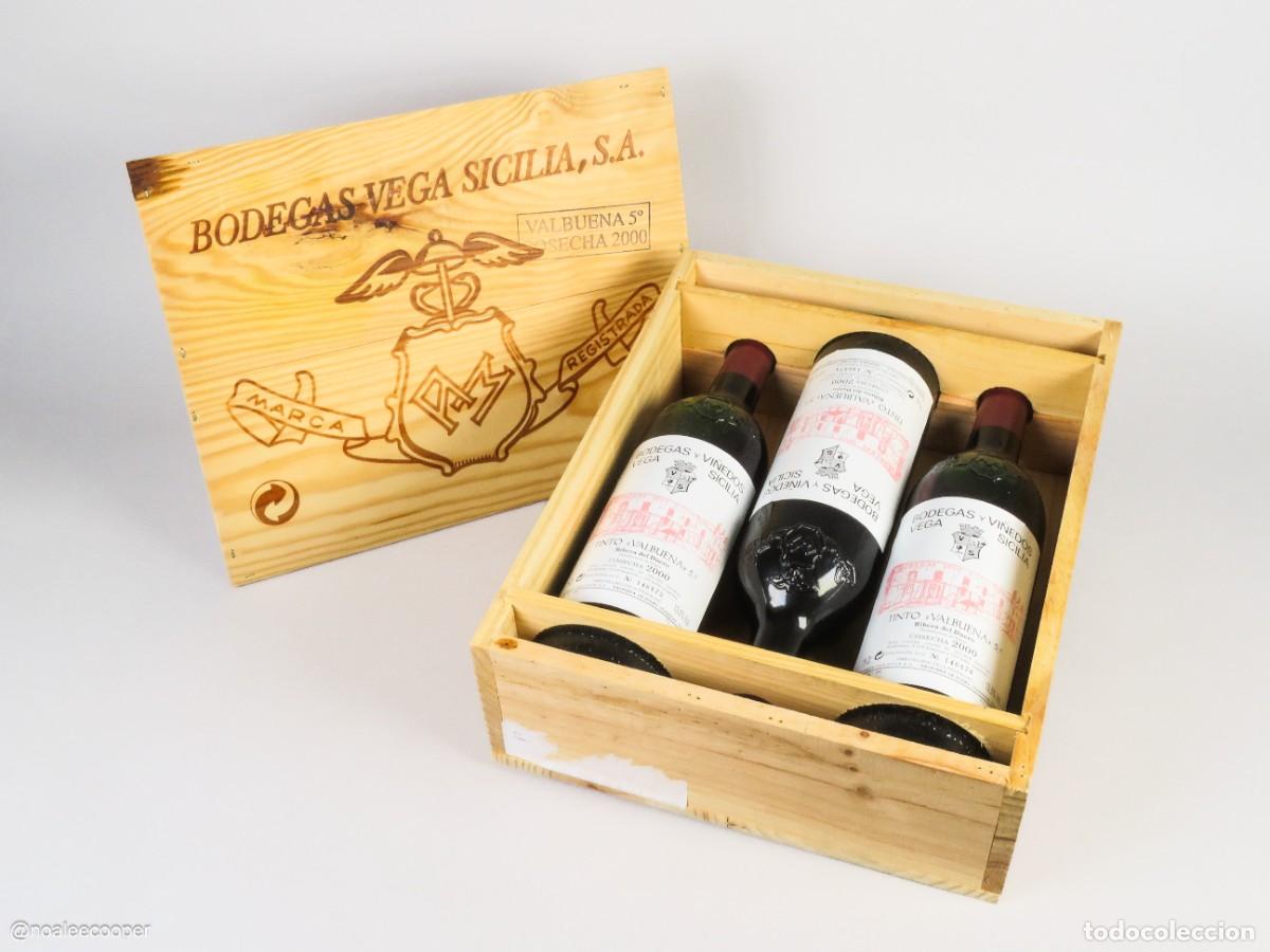 Coleccionismo de vinos y licores: Tres botellas vino tinto Valbuena Vega Sicilia Ribera del Duero en caja de madera cosecha 2000