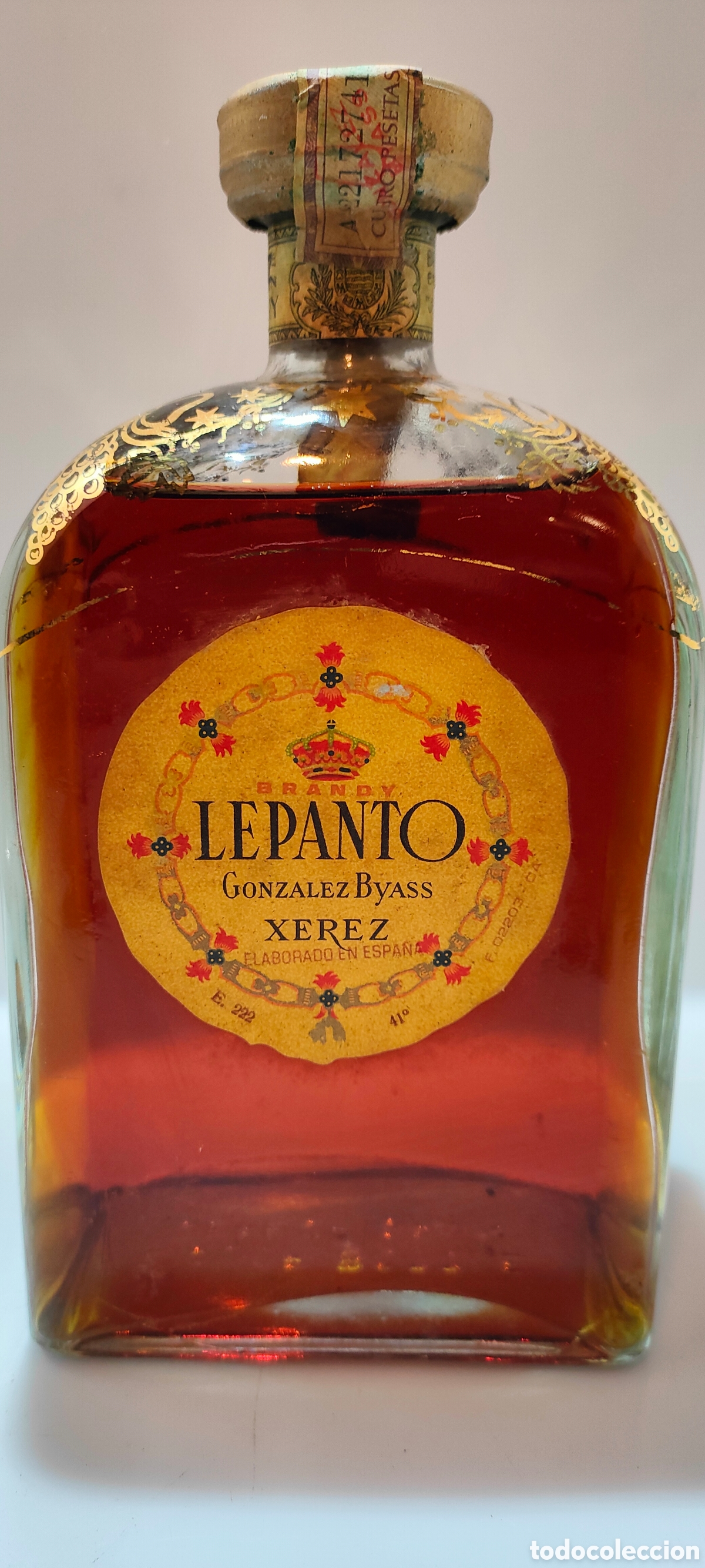 Coleccionismo de vinos y licores: Brandy Lepanto Gerez de Gonz&aacute;lez Byas de los a&ntilde;os 1970s etiqueta cuello 4 pesetas
