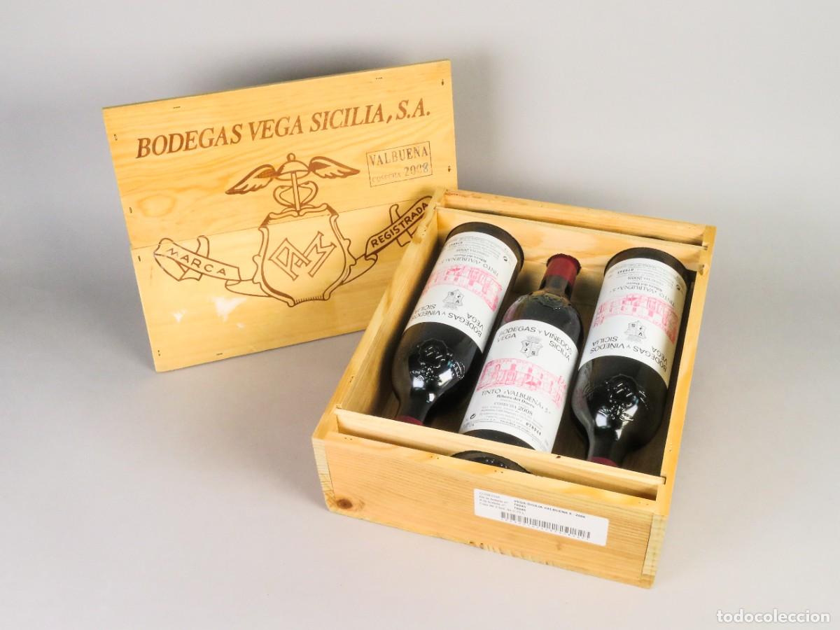 Coleccionismo de vinos y licores: Tres botellas vino tinto Valbuena Vega Sicilia Ribera del Duero en caja de madera cosecha 2008