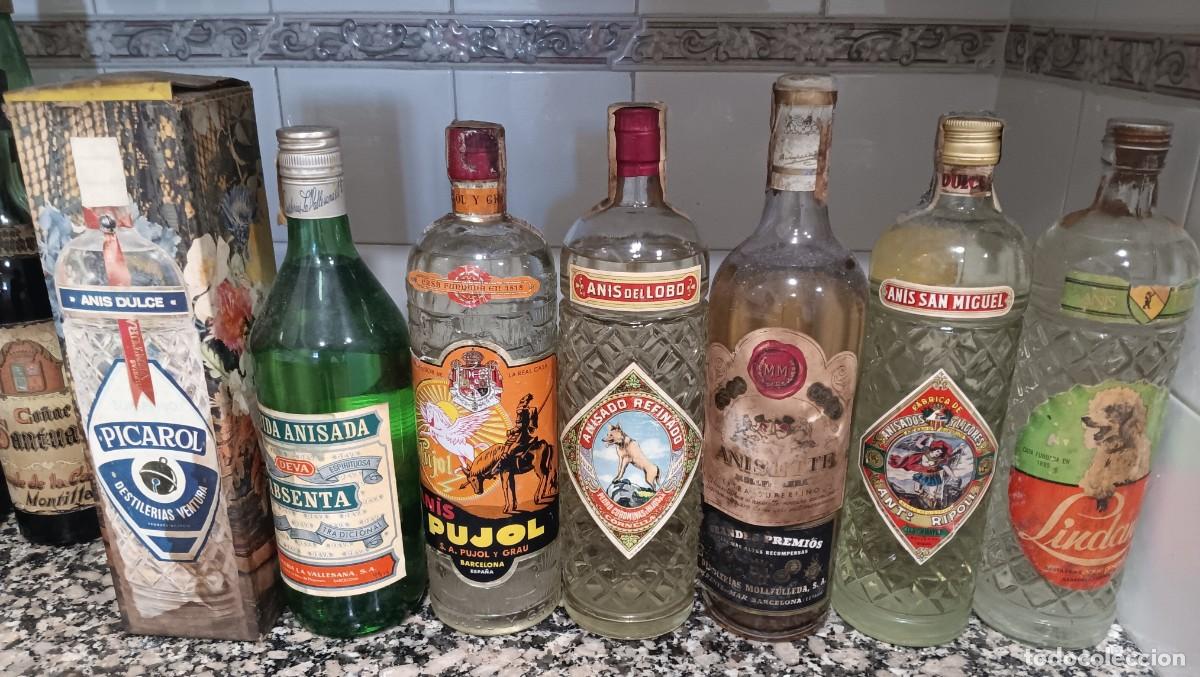 Coleccionismo de vinos y licores: 7 Botellas anis lobo absenta mollfulleda lindaris san Miguel pujol grau