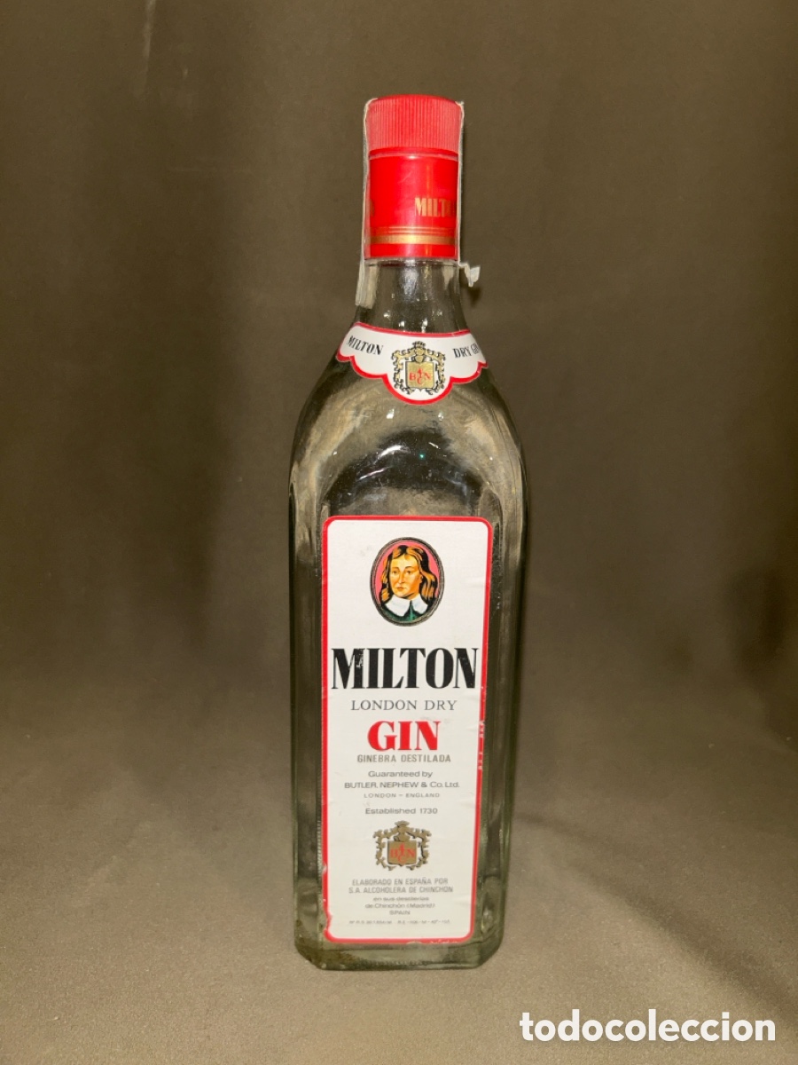 Coleccionismo de vinos y licores: BOTELLA DE GINEBRA MILTON LONDON DRY GIN, IMPUESTO 8 PTAS *LLENA, PRECINTADA Y SIN ABRIR*