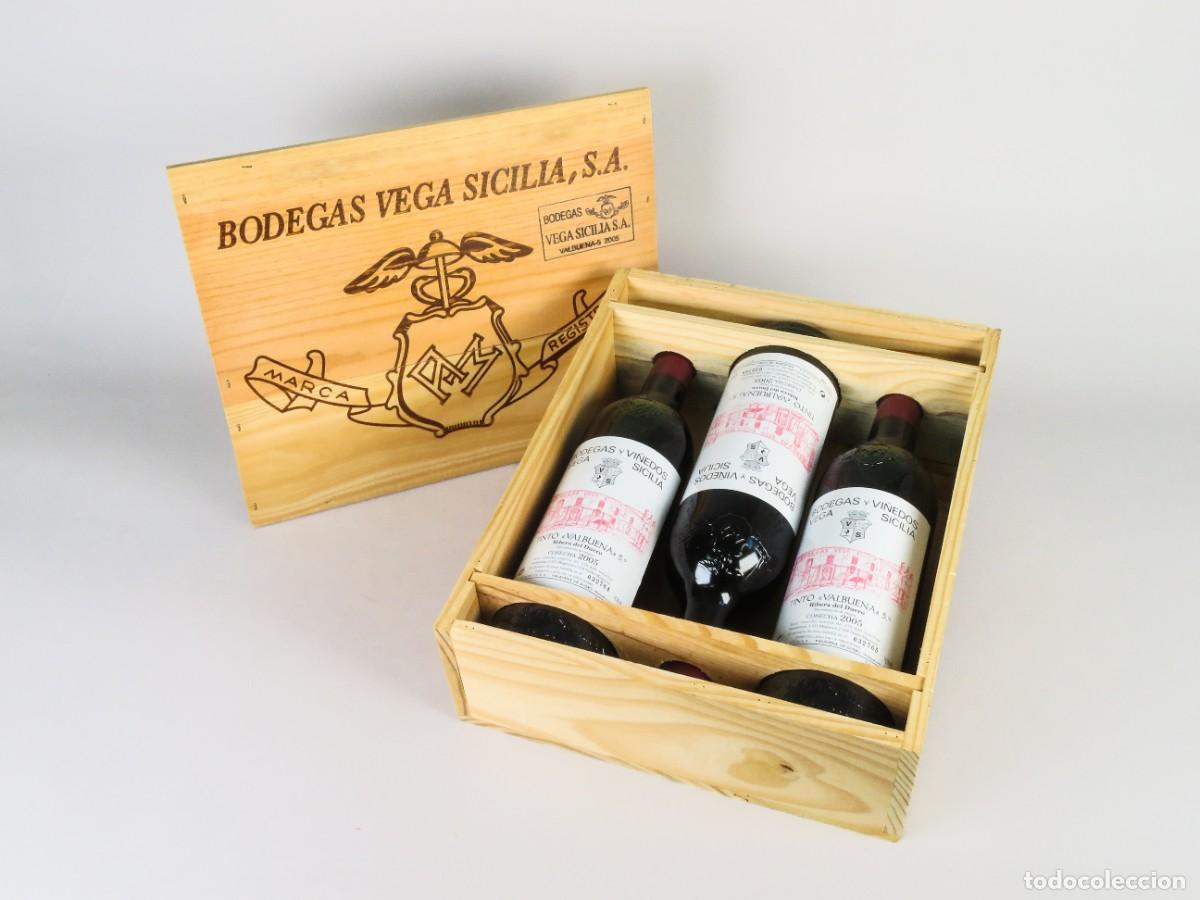 Coleccionismo de vinos y licores: Tres botellas vino tinto Valbuena Vega Sicilia Ribera del Duero en caja de madera cosecha 2005