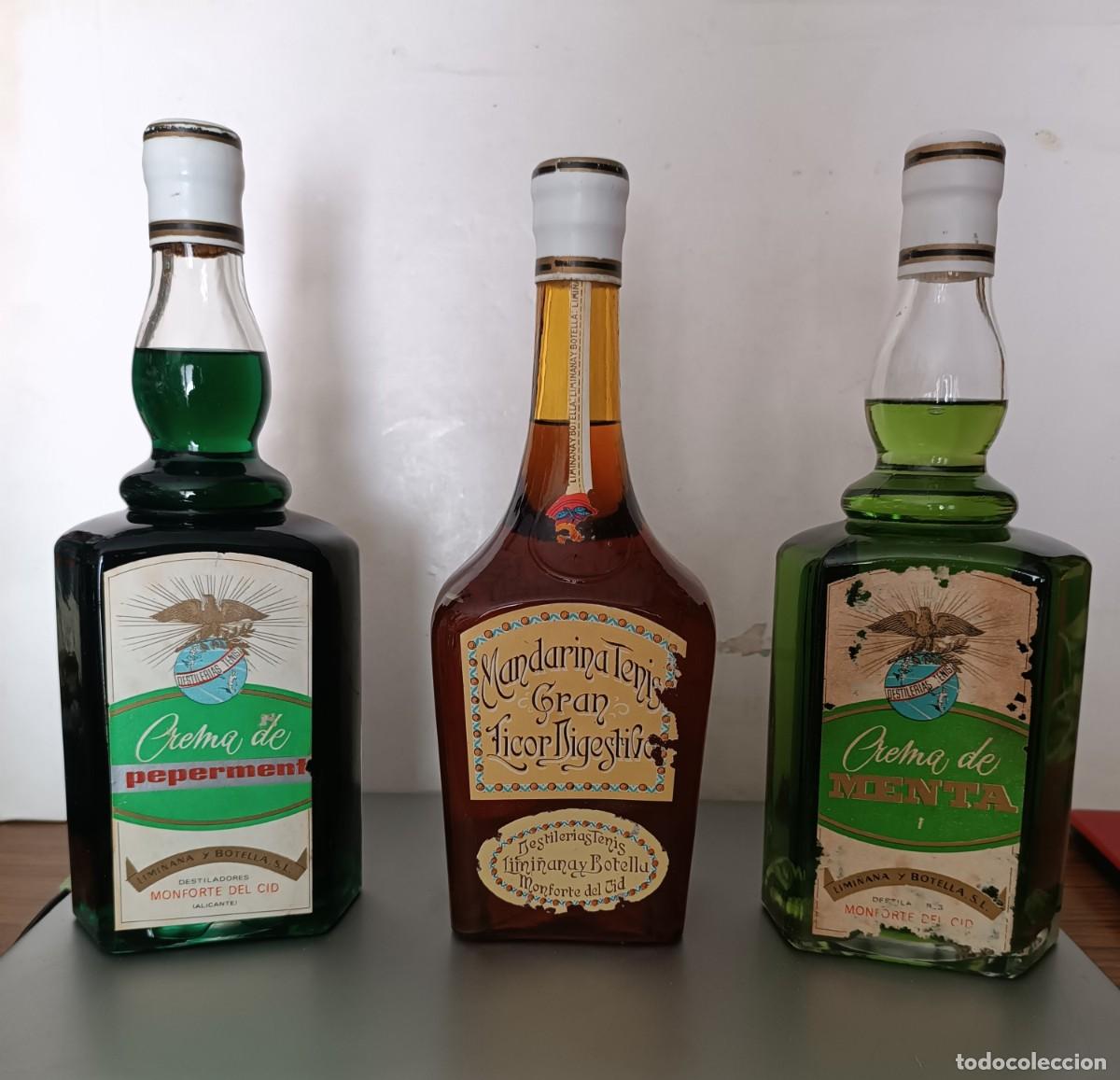 Coleccionismo de vinos y licores: BOTELLAS ANTIGUAS LICORES PEPERMENT MANDARINA Y MENTA.TENIS. LIMI&Ntilde;ANA Y BOTELLA SL. MONFORTE DEL CID