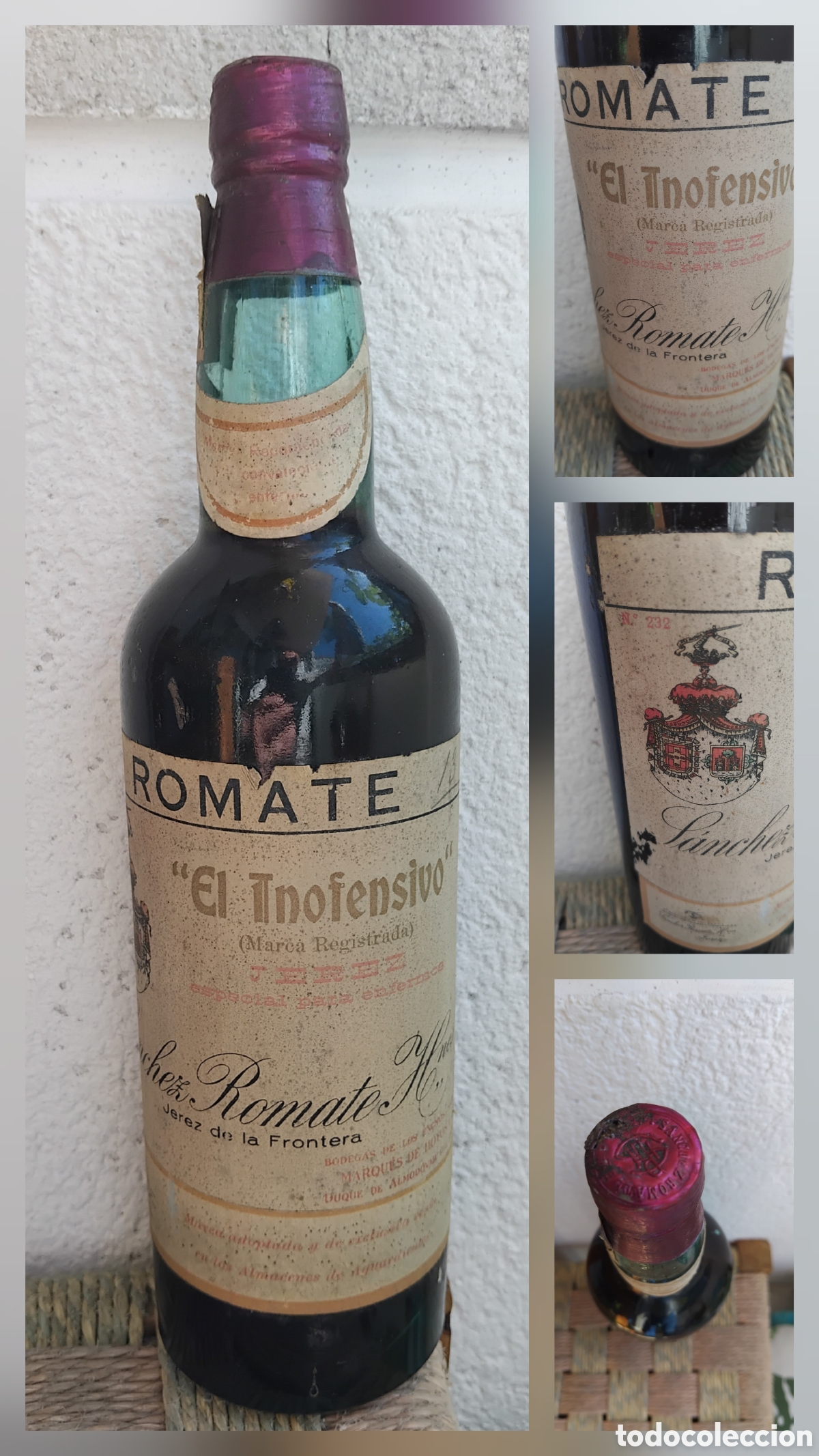 Coleccionismo de vinos y licores: Botella vino de jerez El Inofensivo de bodegas S&aacute;nchez Romate-Jerez