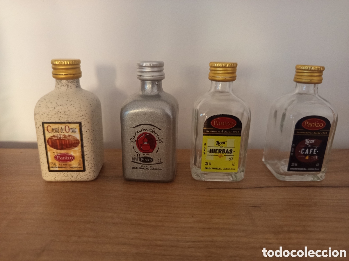 Coleccionismo de vinos y licores: ❇️ SET LOTE CUATRO BOTELLAS VAC&Iacute;AS MINIATURA CREMA ORUJO LICORES CAF&Eacute; HIERBAS CARAMELO PANIZO ❇️