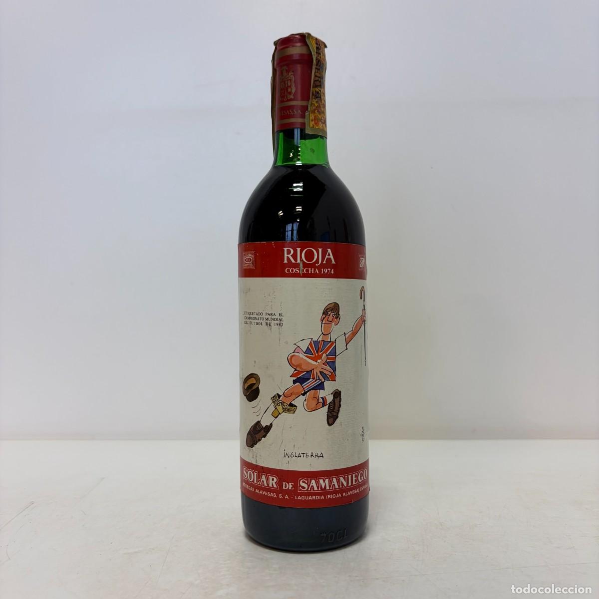 Coleccionismo de vinos y licores: Vino: 1974 Solar de Samaniego Reserva, INGLATERRA, Etiquetado para el Mundial de Futbol 1982 (Rioja)