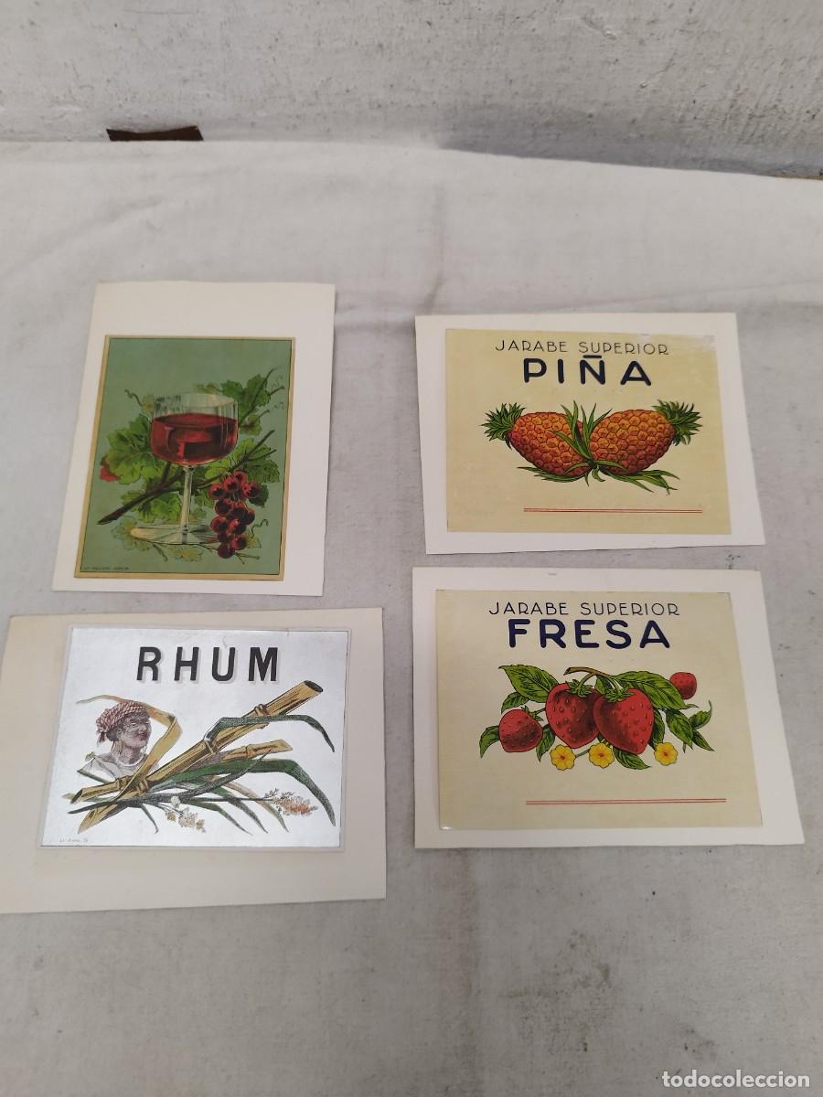 Coleccionismo de vinos y licores: 4 antiguas etiquetas de bebidas de principios sg. XX. Vino, Rhum, Jarabe superior fresa y pi&ntilde;a.