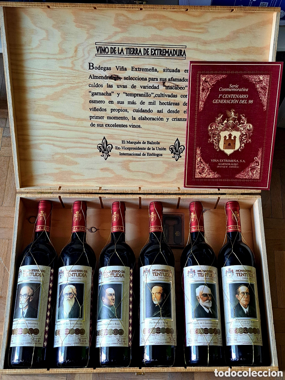 Coleccionismo de vinos y licores: Estuche Madera MONASTERIO DE TENTUD&Iacute;A - Homenaje GENERACI&Oacute;N DEL 98 - Serie Conmemorativa.