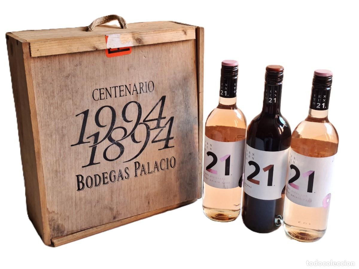 Coleccionismo de vinos y licores: ESTUCHE DE MADERA CENTENARIO 1894 BODEGAS PALACIO CON 3 BOTELLAS DE VINO VENUNO 21