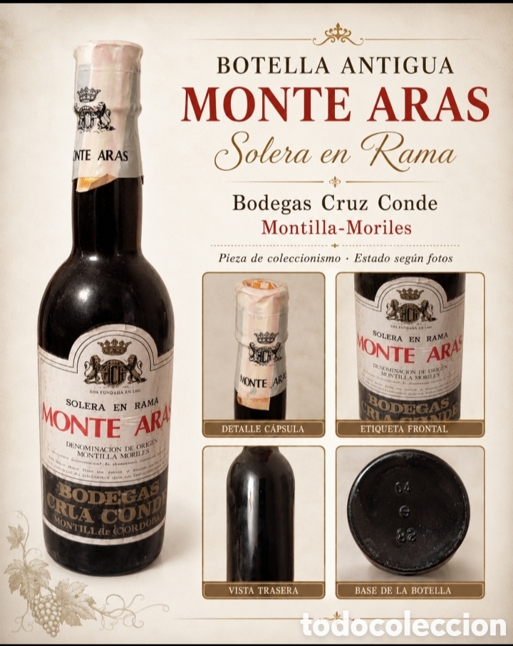 Coleccionismo de vinos y licores: Antigua Botella Fino Monte Aras - Solera en Rama - Montilla-Moriles - A&ntilde;o 1985