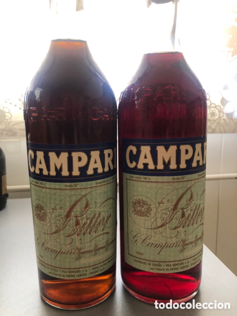 Coleccionismo de vinos y licores: Lote 2 Antiguas Botellas Campari Bitter 1 Litro - A&ntilde;os 70/80 - Precinto 4 Pesetas - Llenas Sin Abrir