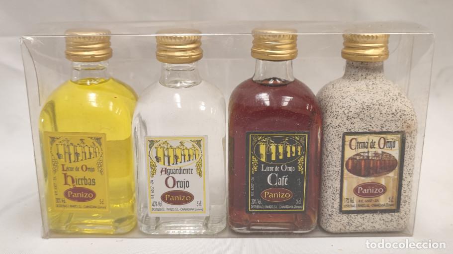 Coleccionismo de vinos y licores: JUEGO DE 4 BOTELLAS EN MINIATURA DE LICOR CREMA Y AGUARDIENTE, LLENAS, DESTILERIAS PANIZO