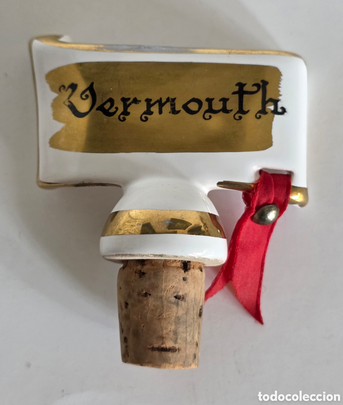 Colecionismo de vinhos e licores: Tap&oacute;n de Corcho y Porcelana Pintada a Mano para Vermouth - Cinta Roja - Licor Vino Vermut
