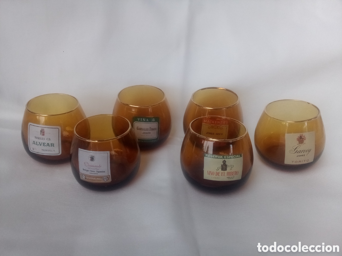 Coleccionismo de vinos y licores: JUEGO SEIS VASOS CRISTAL AMBAR VINOS - GARVEY -ALVEAR -GONZ&Aacute;LEZ BYASS -MACKENZIE'S -DIAMANTE -RIBERO