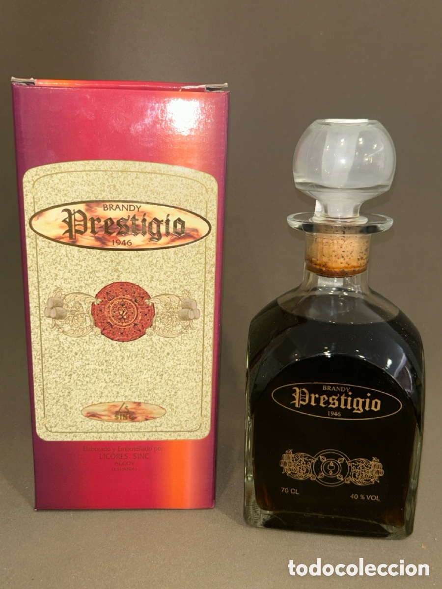 Coleccionismo de vinos y licores: ANTIGUA BOTELLA BRANDY CO&Ntilde;AC, PRESTIGIO DE 1946 BOTELLA N&ordm; 000272 ALCOY, EN SU CAJA ORIGINAL