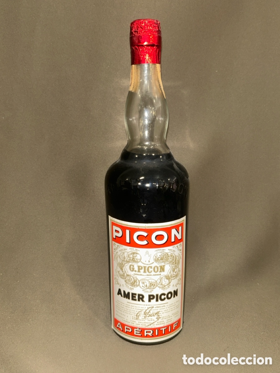 Coleccionismo de vinos y licores: ANTIGUA BOTELLA G.PICON AMER PIC&Oacute;N AP&Eacute;RITIF SELLO 4 PTAS, DE 1 LITRO *PRECINTADA, LLENA*