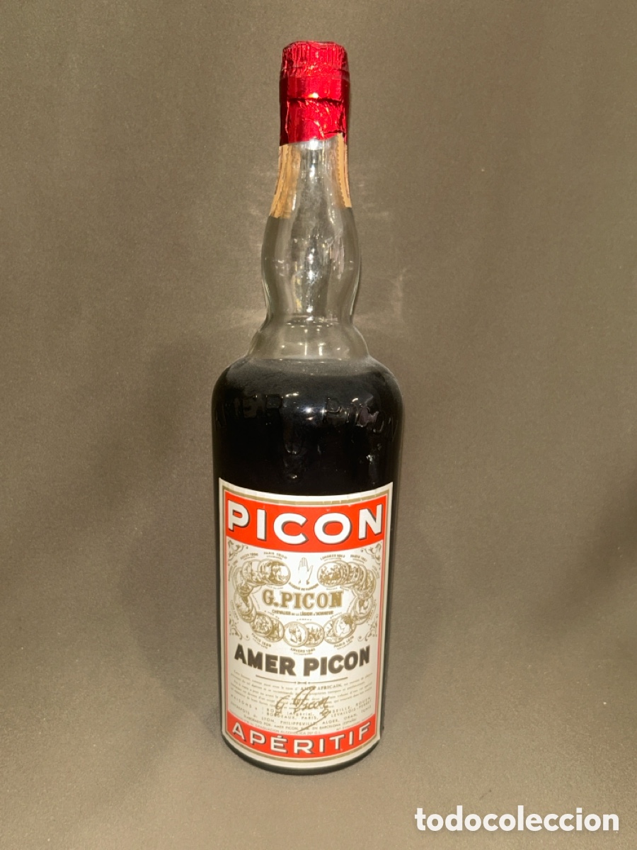Coleccionismo de vinos y licores: ANTIGUA BOTELLA G.PICON AMER PIC&Oacute;N AP&Eacute;RITIF SELLO 4 PTAS, DE 1 LITRO *PRECINTADA, LLENA*