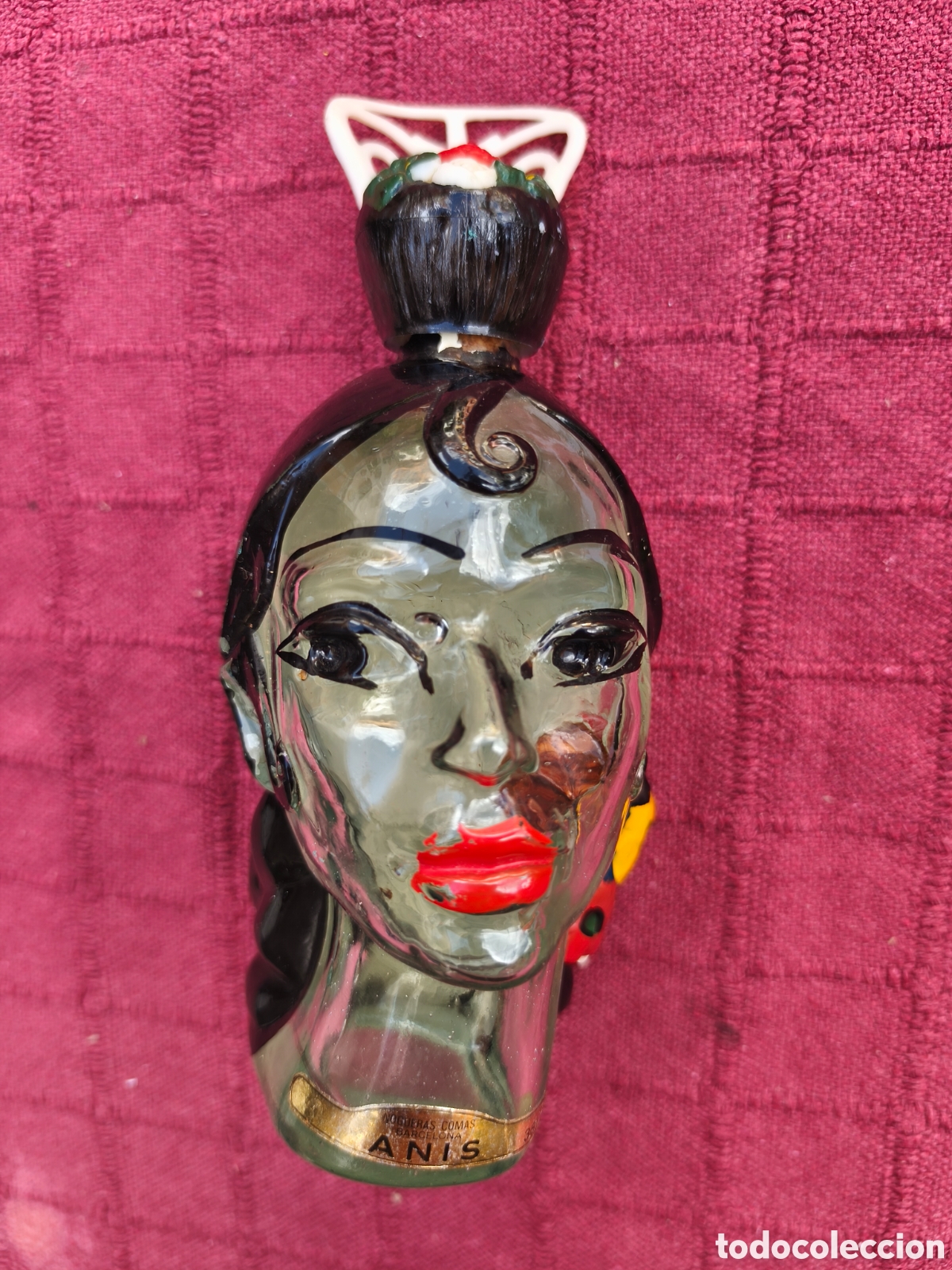 Coleccionismo de vinos y licores: BOTELLA DE LICOR ANIS VINTAGE NOGERAS COMAS BARCELONA CON FORMA DE CABEZA DE MUJER FLAMENCA GUITANA