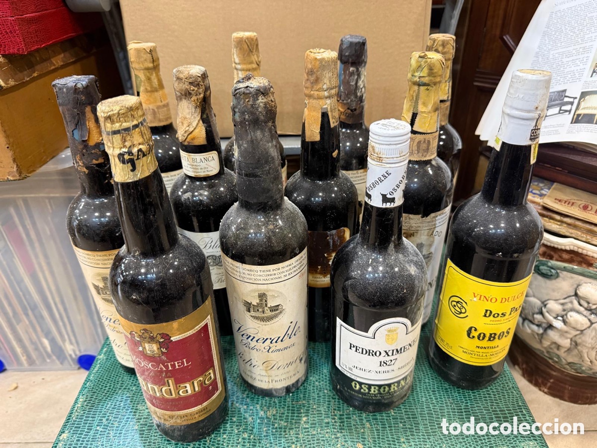 Coleccionismo de vinos y licores: Lote de 12 botellas antiguas, la mayor&iacute;a vinos dulces, buenos niveles