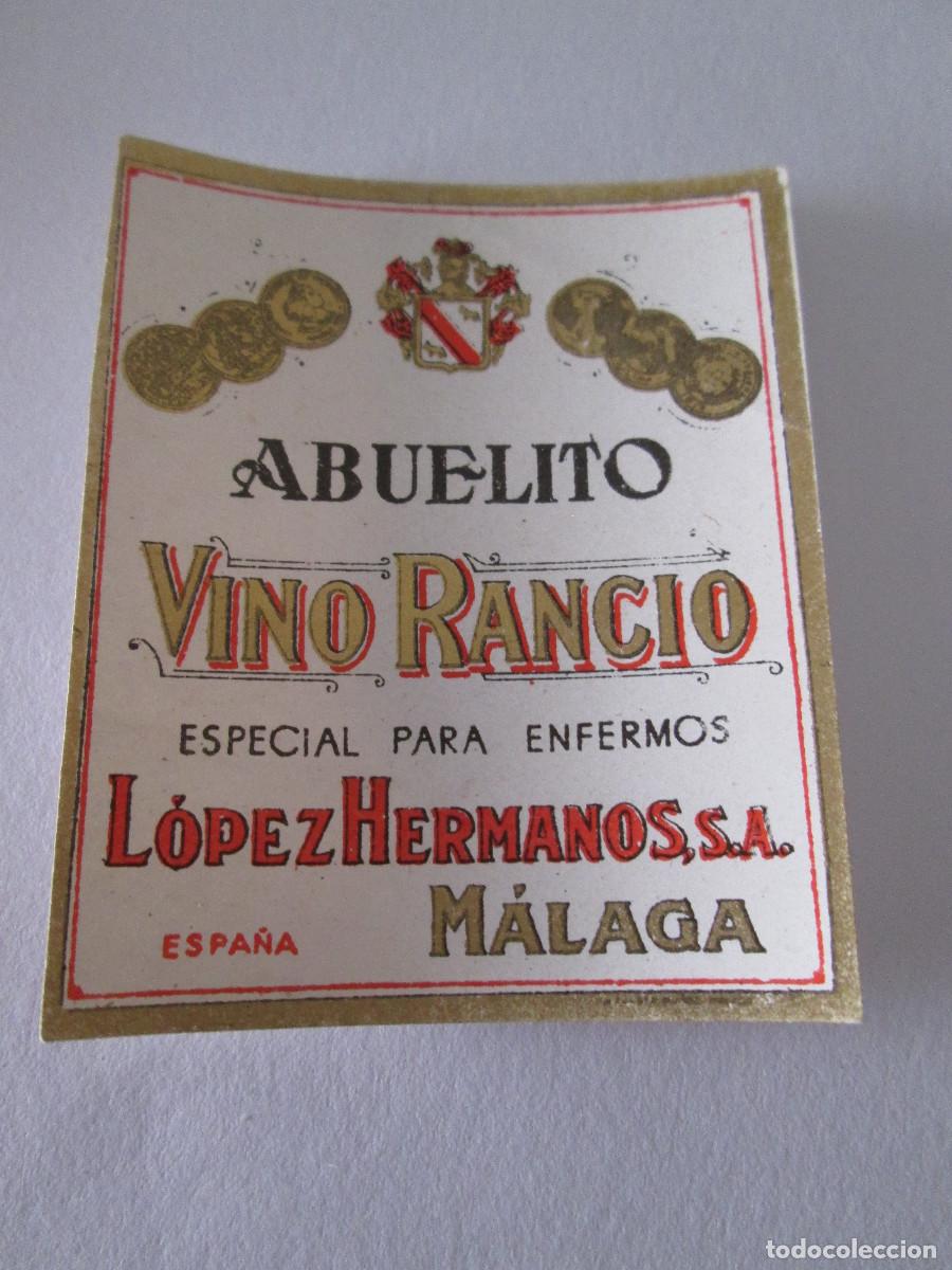 Coleccionismo de vinos y licores: ETIQUETA MINIATURA - ABUELITO VINO RANCIO ESPECIAL ENFERMOS LOPEZ HERMANOS MALAGA-5,5X4,5CM- SIN US