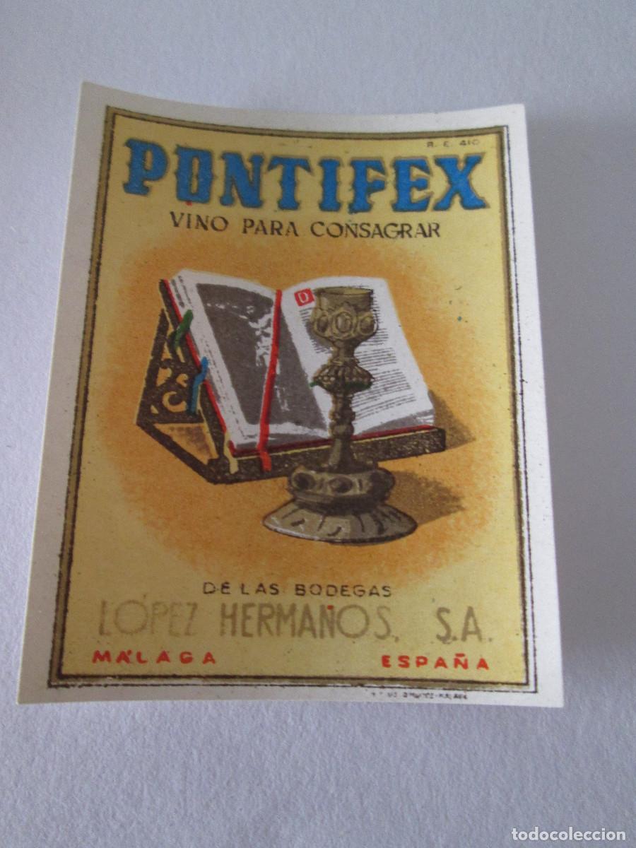 Coleccionismo de vinos y licores: ETIQUETA MINIATURA - PUNTIFEX VINO PARA CONSAGRAR - LOPEZ HERMANOS - MALAGA - 5,5X4,5CM- SIN USAR