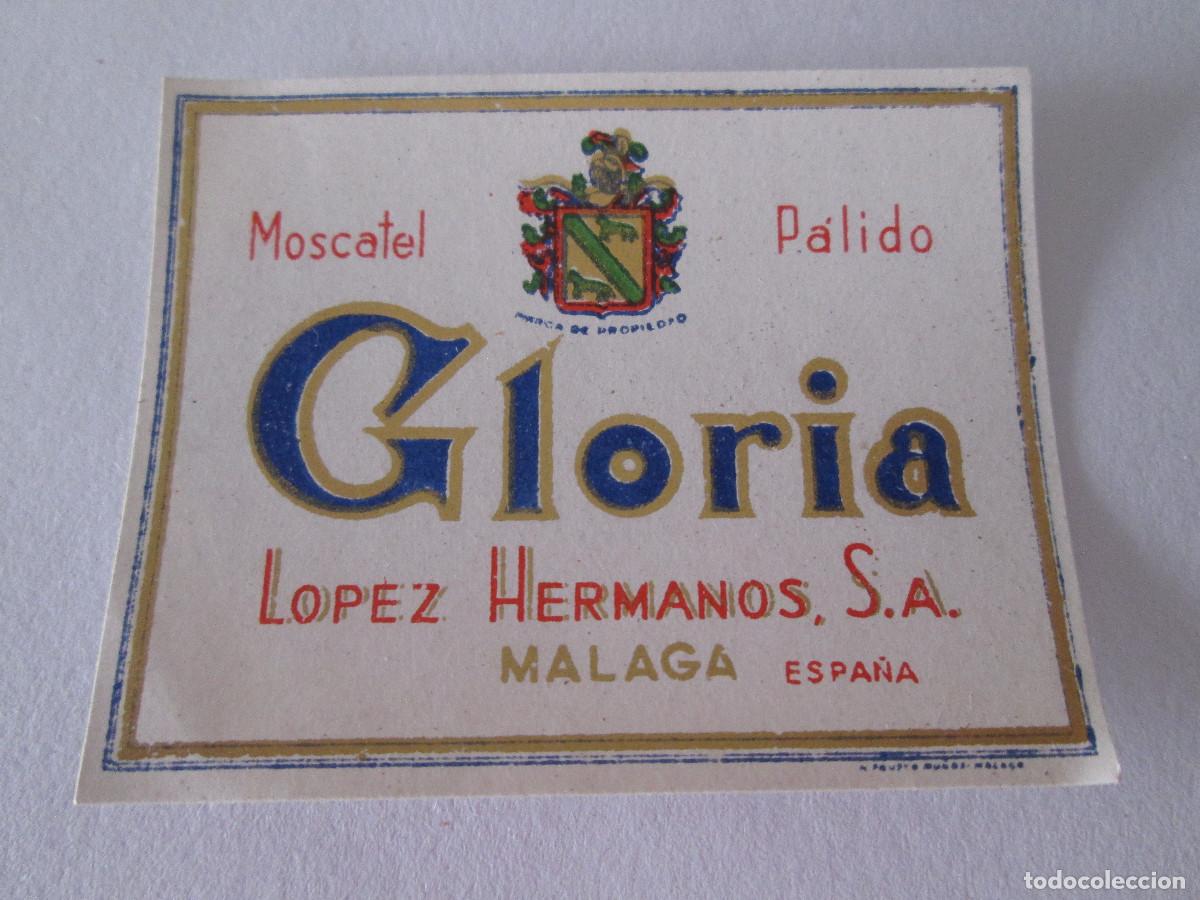 Coleccionismo de vinos y licores: ETIQUETA MINIATURA - GLORIA MOSCATEL PALIDO - LOPEZ HERMANOS - MALAGA - 4,5X5,5CM- SIN USAR