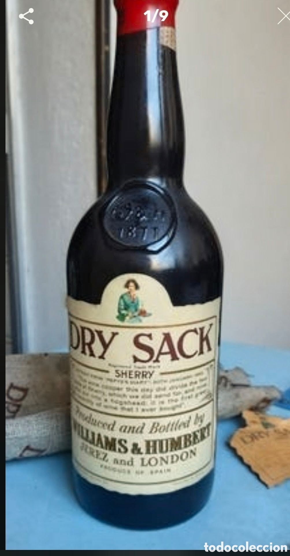 Coleccionismo de vinos y licores: Antigua botella Jerez Dry Sack Williams &Humbert con saco original
