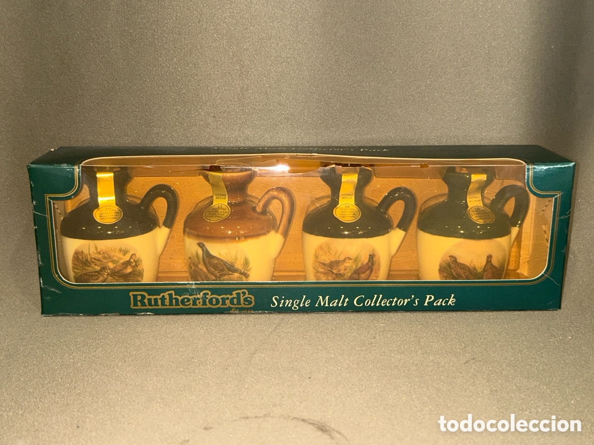 Coleccionismo de vinos y licores: MINIATURAS WHISKY RUTHERFORDS ESTUCHE 4 UNDIDADES DE CERAMICA *SIN ABRIR, LLENO*