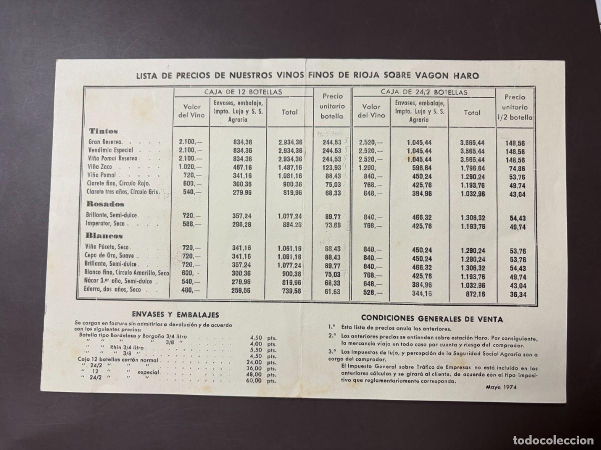 Coleccionismo de vinos y licores: BODEGAS BILBA&Iacute;NAS HARO 1974 &ndash; ANTIGUA TARIFA DE VINOS DE RIOJA &ndash; VI&Ntilde;A POMAL