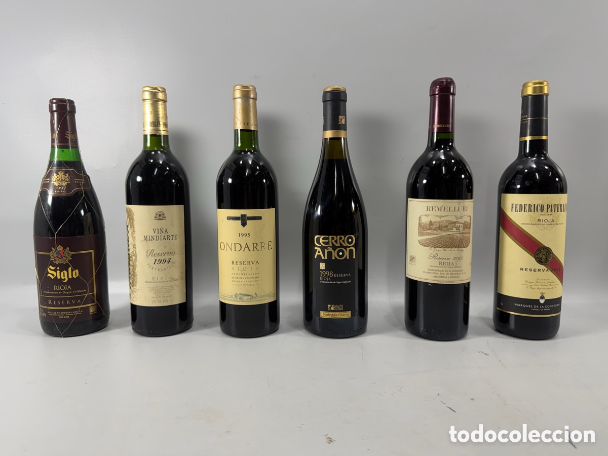 Collection of wines and liquors: LOTE 6 BOTELLAS VINO RIOJA RESERVA &ndash; A&Ntilde;ADAS 1994 A 2008 &ndash; REMELLURI, ONDARRE, CERRO A&Ntilde;&Oacute;N, PATERNINA