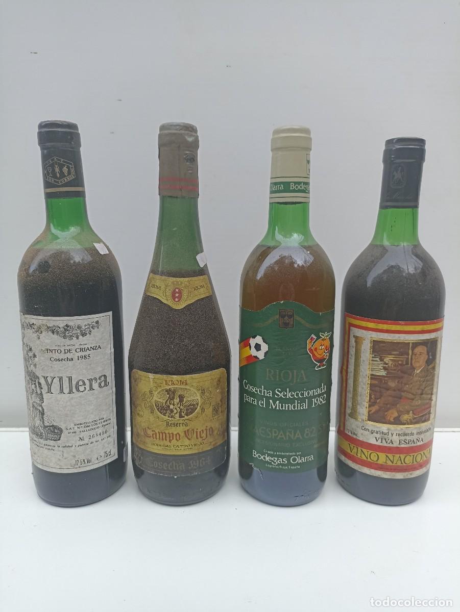Coleccionismo de vinos y licores: Lote 4 botellas de vino 1964 Campo Viejo, 1982 Mundial, 1985 Yllera, Vino Nacional Franco