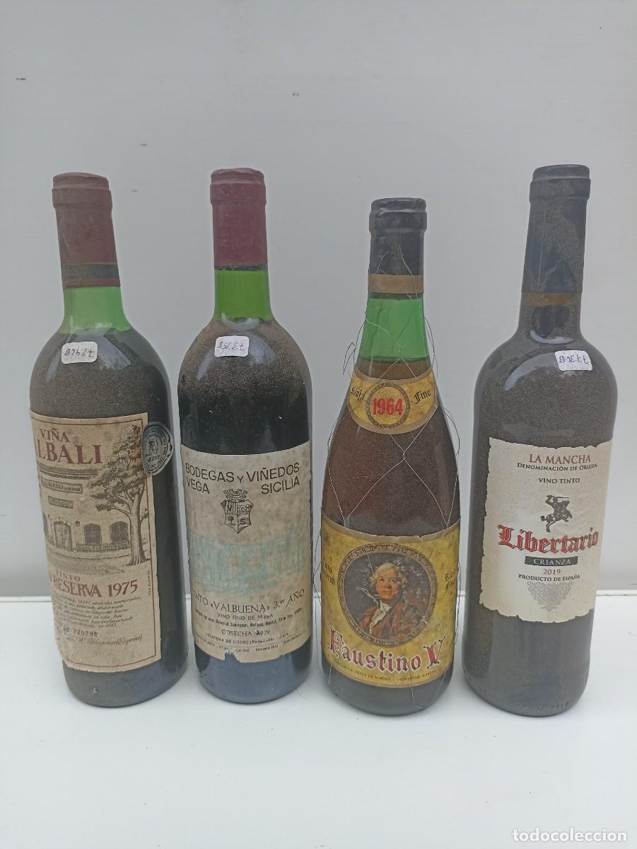 Coleccionismo de vinos y licores: Lote 4 botellas de vino 1964 Faustino, 1975 Albali, 1979 Vega Sicilia, 2019 Libertario