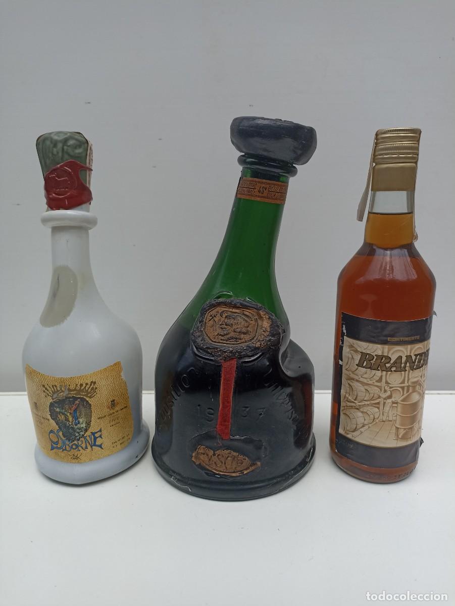 Coleccionismo de vinos y licores: Lote 3 botellas brandy, Armagnac VSOP 1937, Conde de Osborne, Brandy de Portugal