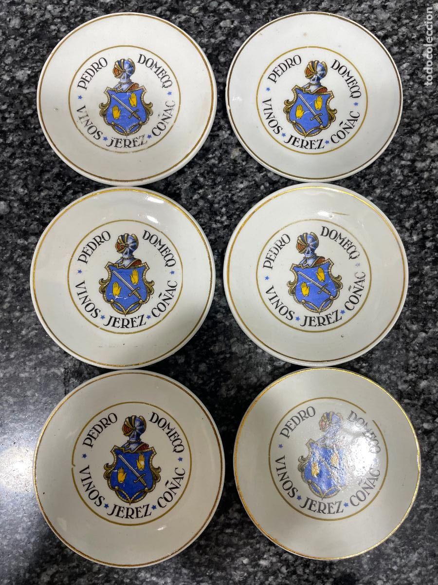 Coleccionismo de vinos y licores: Antiguos platicos de porcelana, Pedro Domecq, seis unidades, 8,4 cm de. diametro