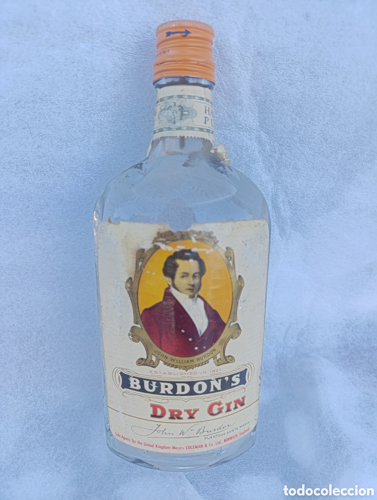 Coleccionismo de vinos y licores: Botella Antigua Ginebra Burdon's Dry Gin - Llena - Precinto Fiscal,Puerto Santa Mar&iacute;a.