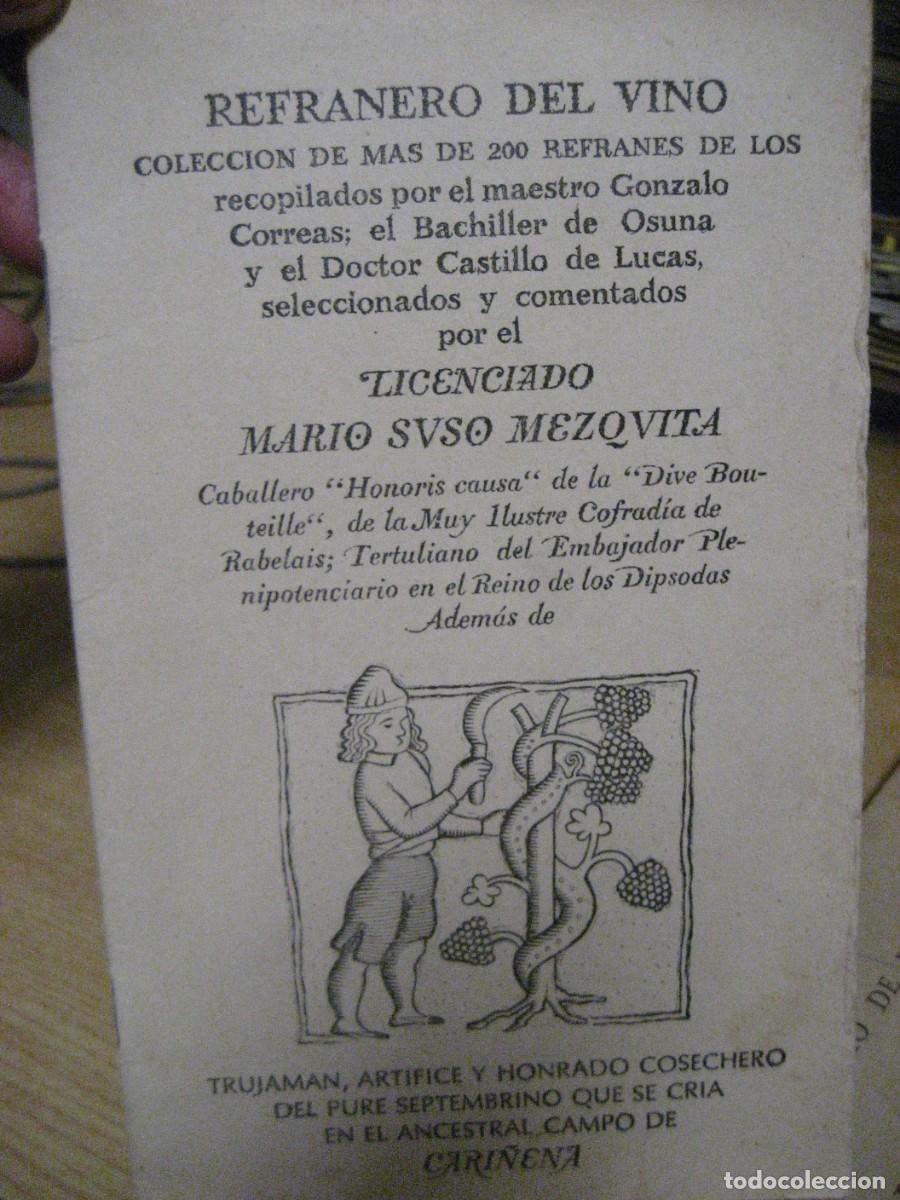 Coleccionismo de vinos y licores: Curioso Refranero del Vino mario Suso . ed por Vicente Suso Y Perez , Cari&ntilde;ena Zaragoza a&ntilde;os 50