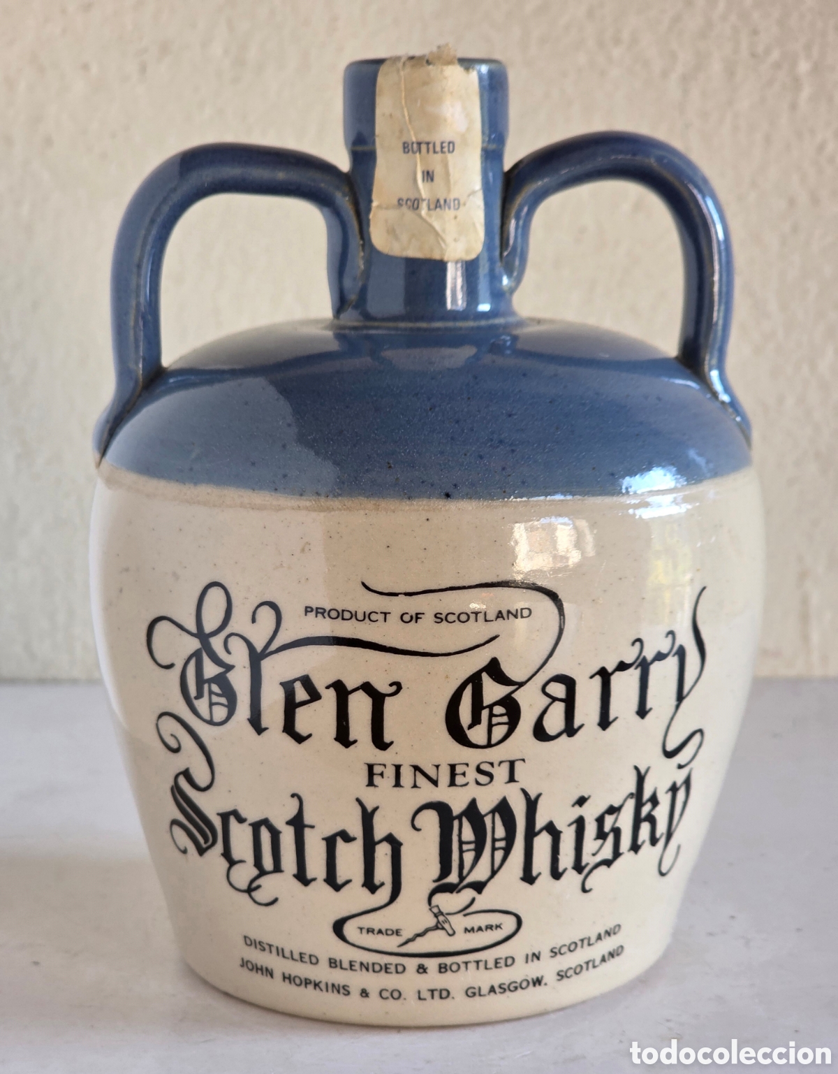 Collectionnisme de vins et liqueurs: Botella vac&iacute;a Caneco Glen Garry Finest Scotch Whisky John Hopkins & Co Glasgow Scotland Cer&aacute;mica