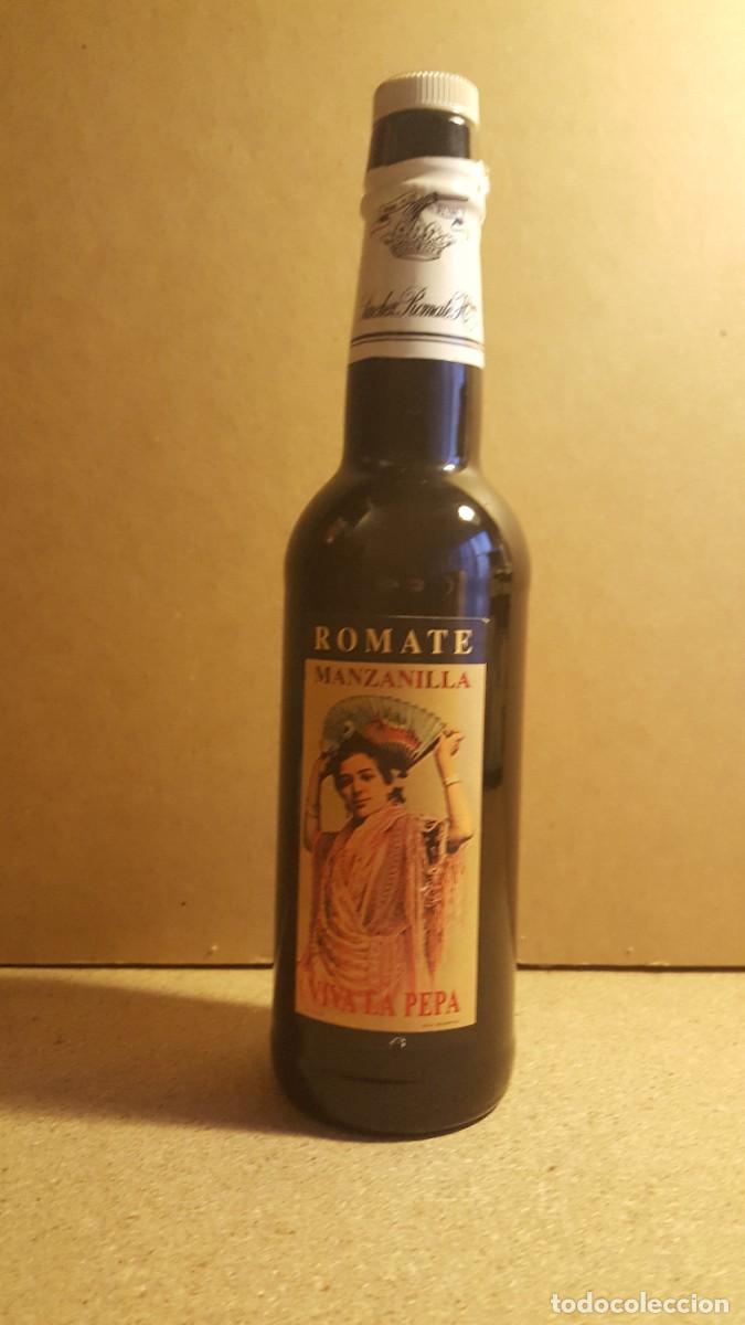 Coleccionismo de vinos y licores: Botella/botell&iacute;n manzanilla Romate, Viva la Pepa. 37,5cl