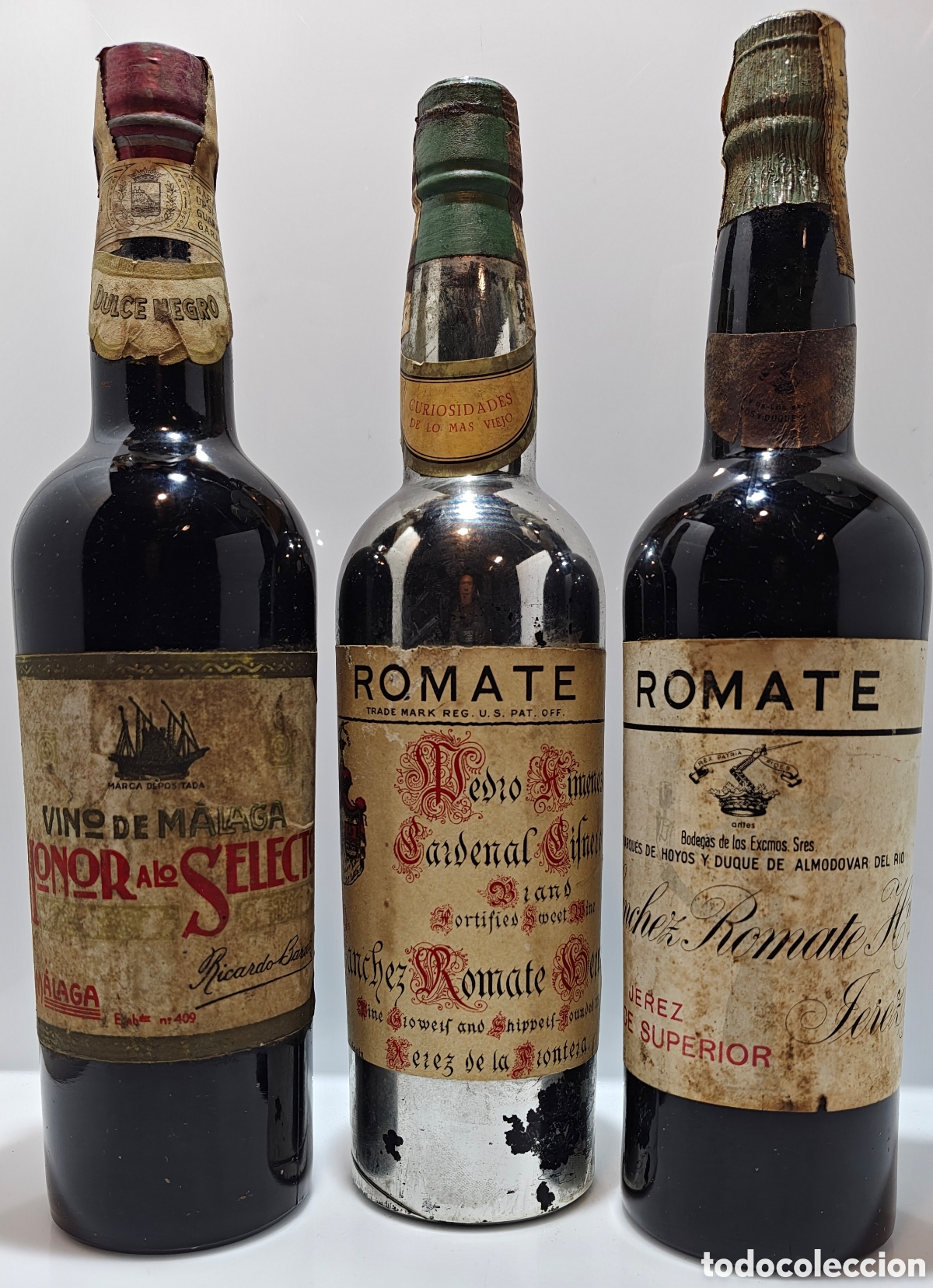 Coleccionismo de vinos y licores: M&aacute;laga Honor Selecto & S&aacute;nchez Romate Jerez Superior X&eacute;r&egrave;s & Pedro Xim&eacute;nez Cardenal Cisneros)