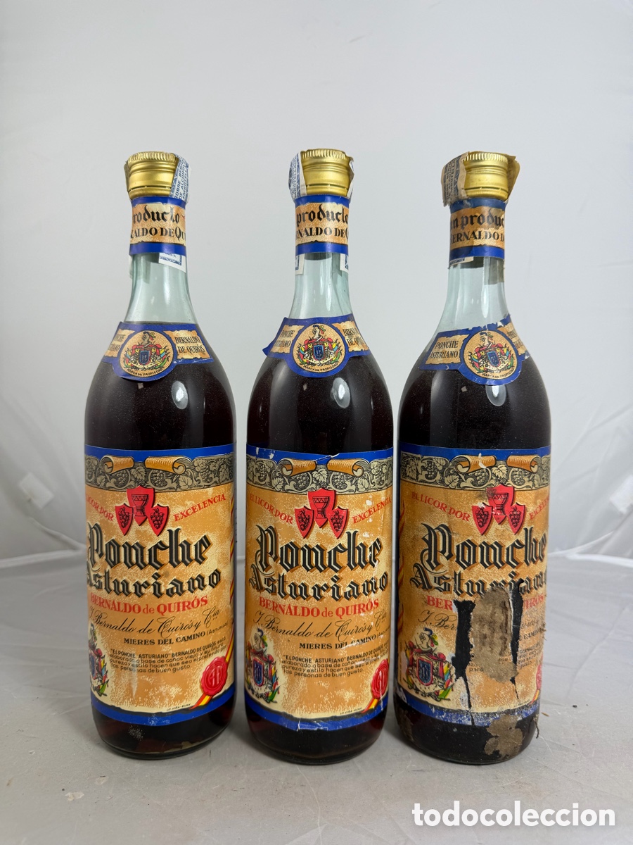 Coleccionismo de vinos y licores: Lote 3 Botellas Antiguas Ponche Asturiano Bernaldo de Quir&oacute;s &ndash; Mieres