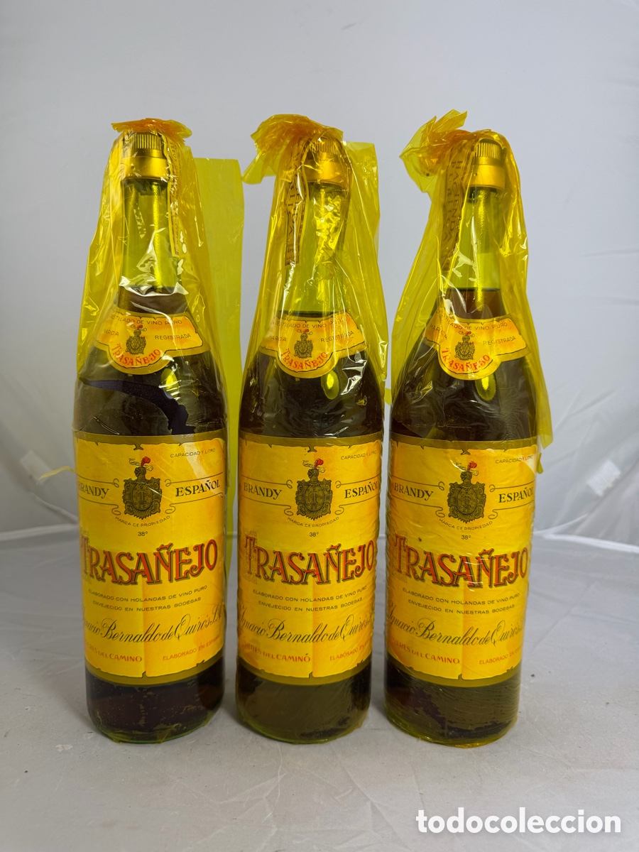 Coleccionismo de vinos y licores: Lote 3 Botellas Antiguas TRANSA&Ntilde;EJO &ndash; Brandy Espa&ntilde;ol &ndash; Bernaldo de Quir&oacute;s &ndash; Mieres