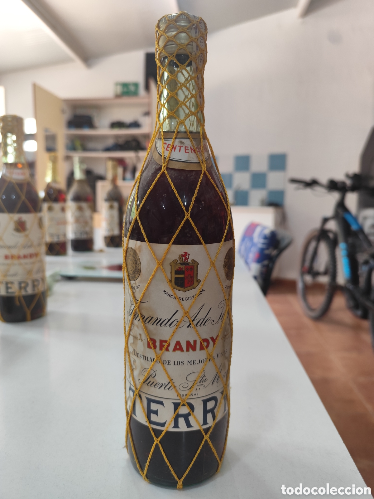 Coleccionismo de vinos y licores: Antigua botella Brandy Terry Centenario 75 cl &ndash; precinto 4 pesetas &ndash; malla amarilla &ndash; a&ntilde;os 70