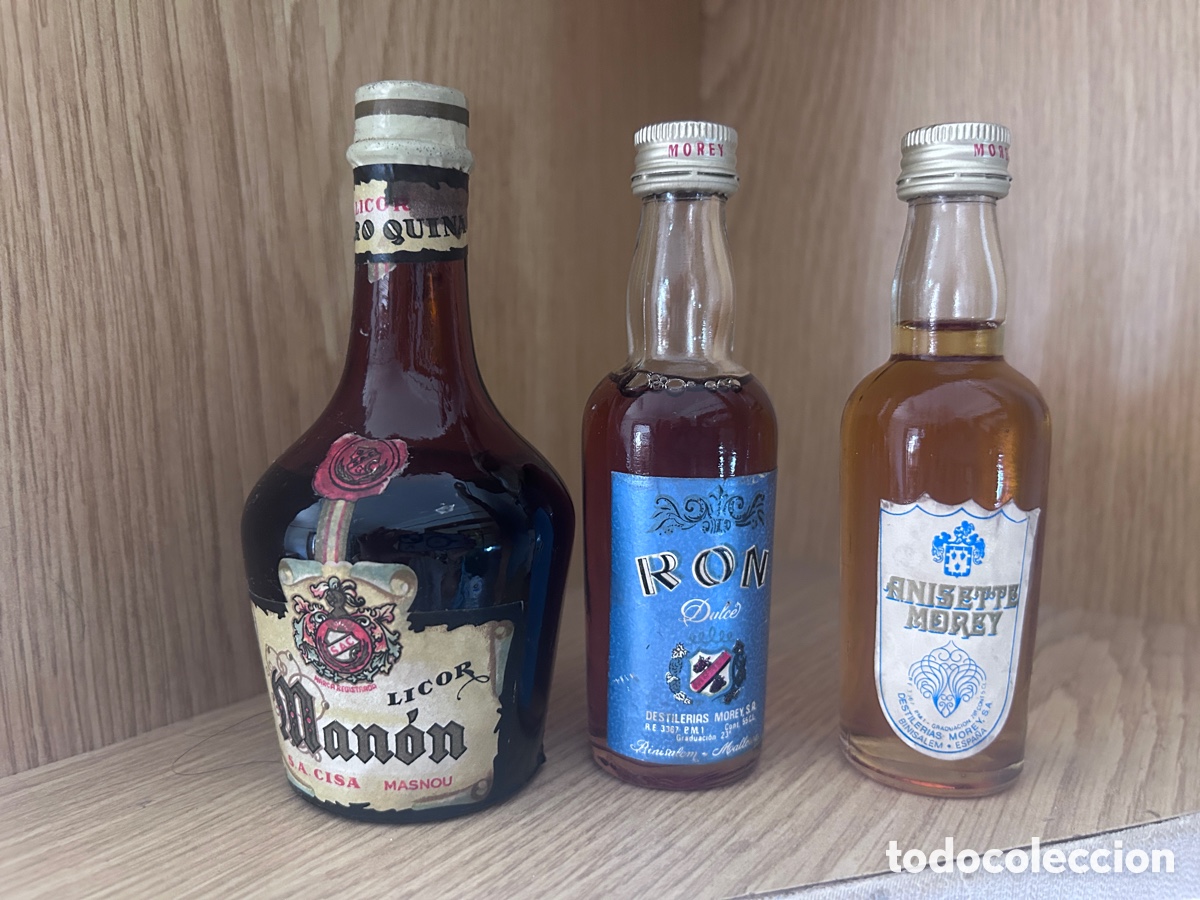 Coleccionismo de vinos y licores: 3 botellines variados, anisete y ron Morey y licor Manon